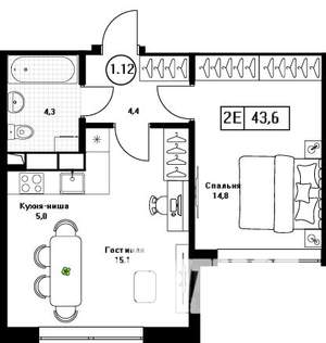 1-к квартира, вторичка, 44м2, 8/13 этаж